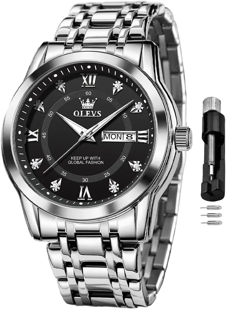 Stainless Steel Waterproof Luminous Date simmer reality Diamond Men Silver Watch OLEVS Watch for Men Classic Business Dress Analog Quartz 