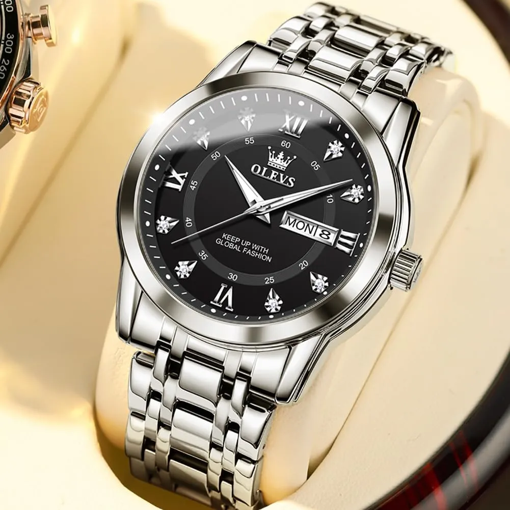 Stainless Steel Waterproof Luminous Date simmer reality Diamond Men Silver Watch OLEVS Watch for Men Classic Business Dress Analog Quartz 