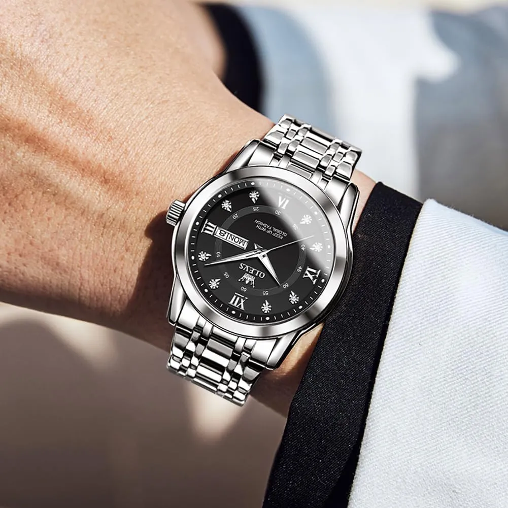 Stainless Steel Waterproof Luminous Date simmer reality Diamond Men Silver Watch OLEVS Watch for Men Classic Business Dress Analog Quartz 