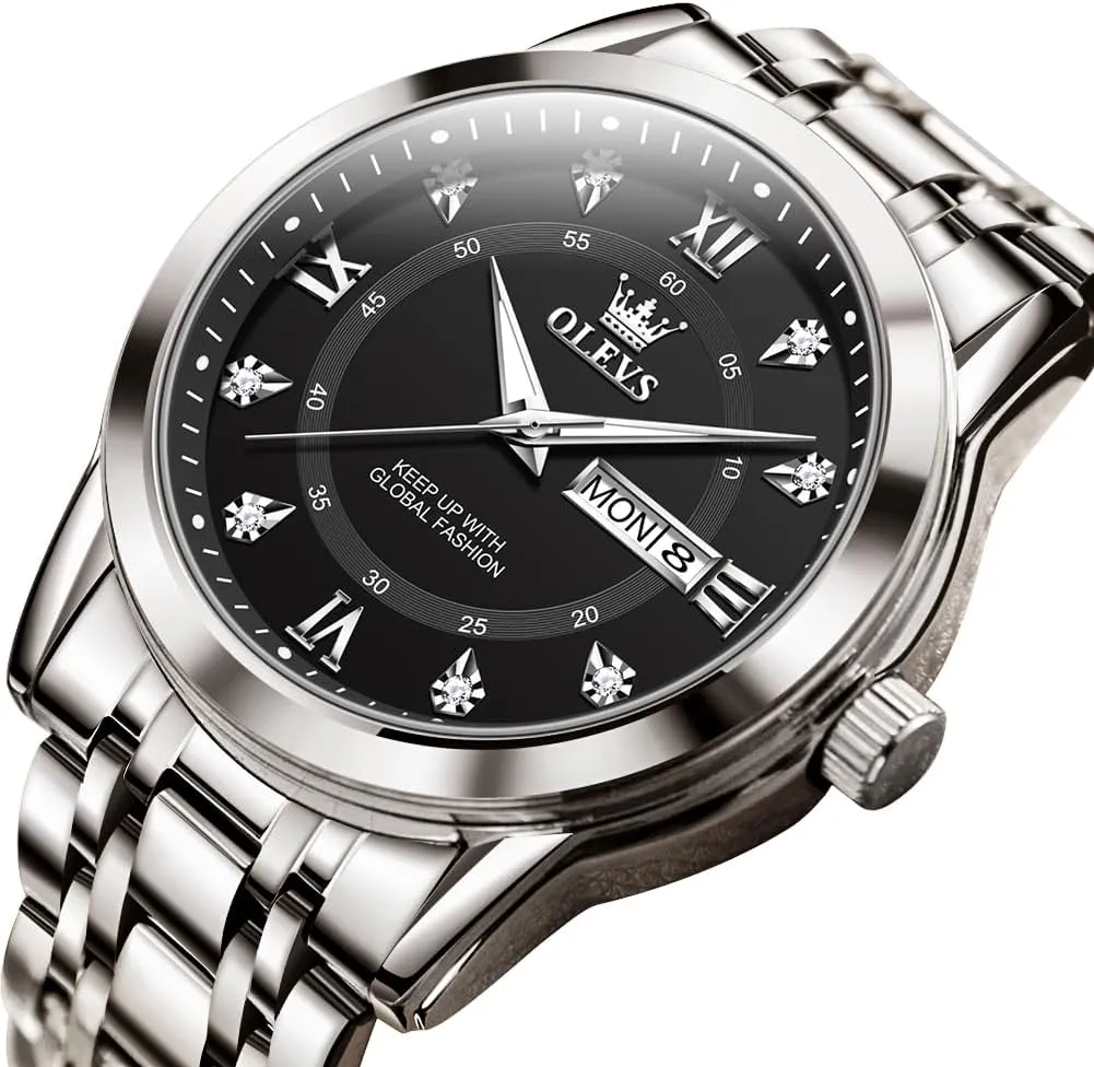 Stainless Steel Waterproof Luminous Date simmer reality Diamond Men Silver Watch OLEVS Watch for Men Classic Business Dress Analog Quartz 