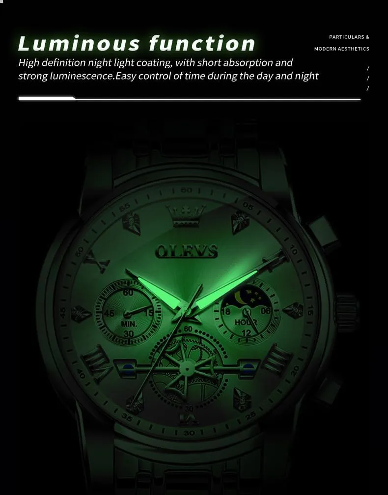 Steel Analog Quartz Moon Phase Male Watch, Diamond Multi Calendar Chronograph crater voyage ceremonial choreographer Watch,Waterproof Wrist Watch for Men OLEVS Men Skeleton Watches Stainless 