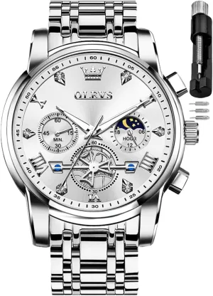 Steel Analog Quartz Moon Phase Male Watch, Diamond Multi Calendar Chronograph crater voyage ceremonial choreographer Watch,Waterproof Wrist Watch for Men OLEVS Men Skeleton Watches Stainless 