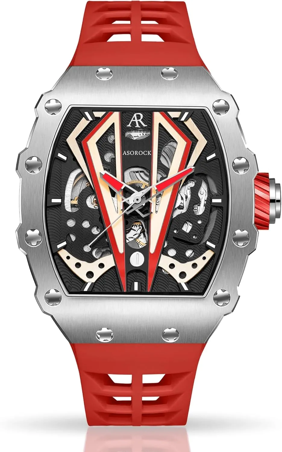 Steel | far-fetched tonneau Barrel Shape | Rubber Strap | Luminous Hands | Homage Mens Sports Automatic Watch | Silver/red Motorsport V2 | 44mm | Stainless 