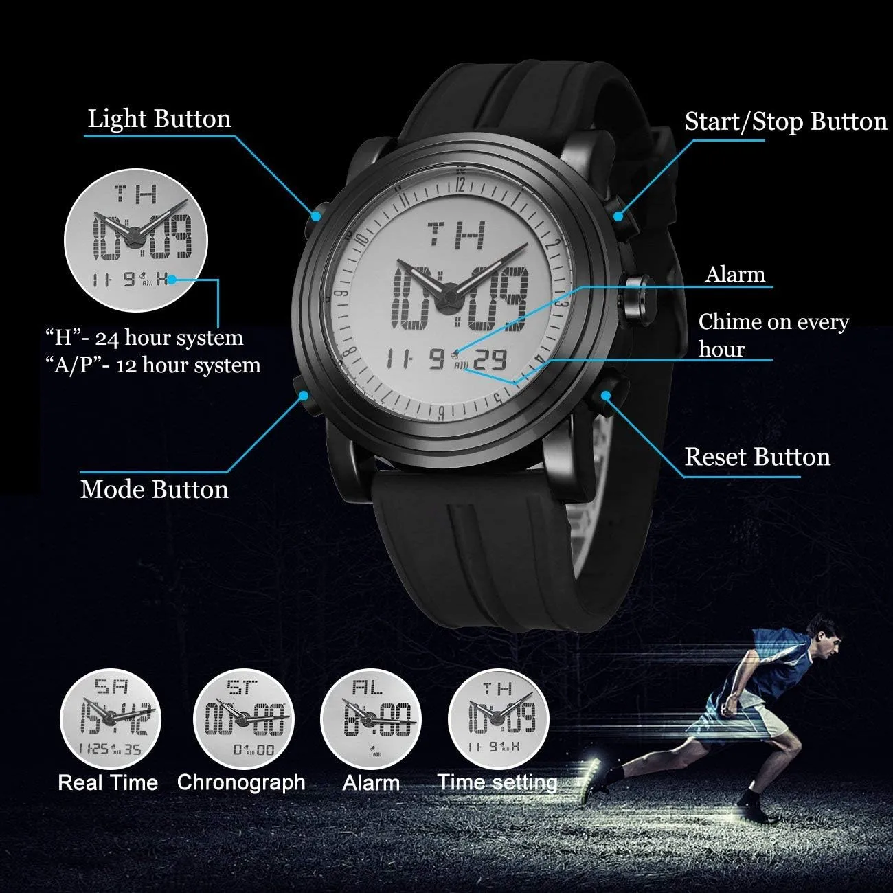 Stopwatch LED Backlight Rubber Strap BUREI Mens Analog Digital Sport Watches barb biome text canyon cheater industrially with Alarm 