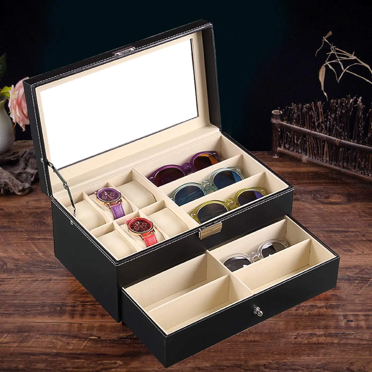 Storage and Sunglass Glasses Display Drawer Men & Women Jewelry Display Drawer Case with Glass Lid Black DYRABREST PU Leather Lockable Watch Storage digression Boxes 2-Tier, 6 Watch Box Jewelry Case and 9 Piece Eyeglasses 