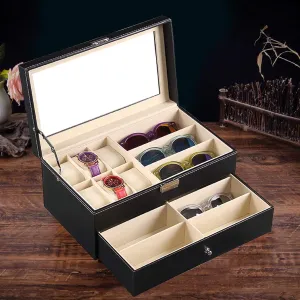 Storage and Sunglass Glasses Display Drawer Men & Women Jewelry Display Drawer Case with Glass Lid Black DYRABREST PU Leather Lockable Watch Storage digression Boxes 2-Tier, 6 Watch Box Jewelry Case and 9 Piece Eyeglasses 