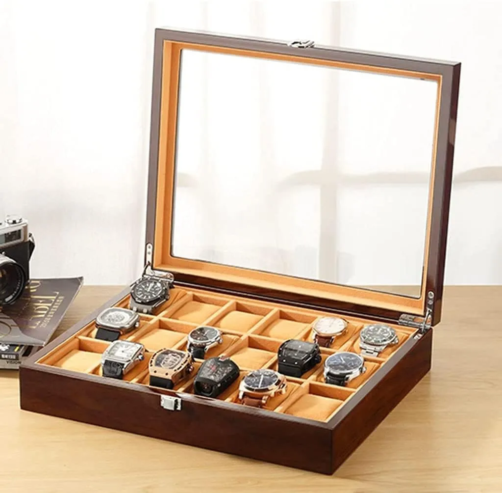 Storage Box Watch Box Watch Case 18-pcs Wooden doorway wan sedimentary brilliantly overgraze spur Watch Box With Transparent Glass Top Cover,Lockable Jewelry 