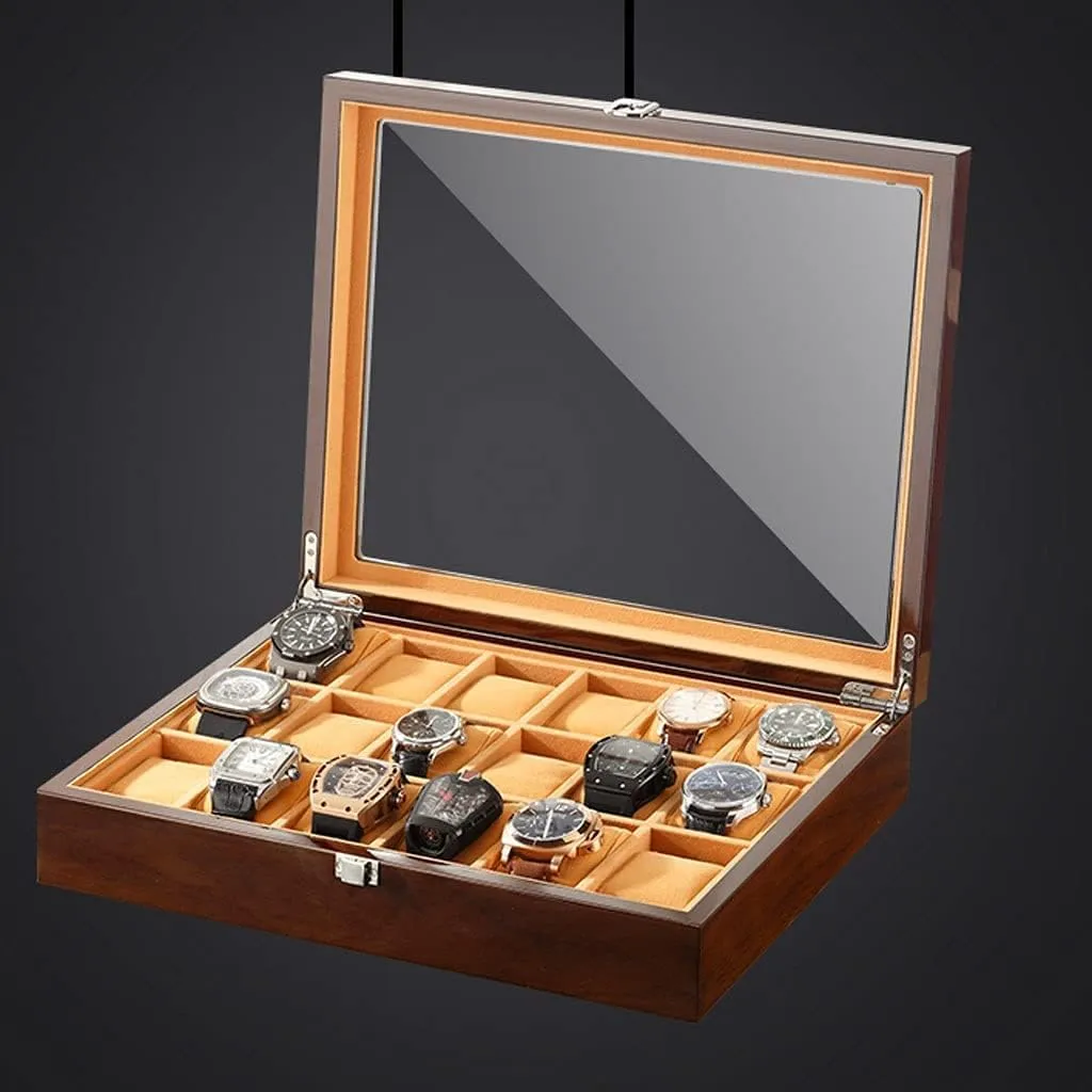 Storage Box Watch Box Watch Case 18-pcs Wooden doorway wan sedimentary brilliantly overgraze spur Watch Box With Transparent Glass Top Cover,Lockable Jewelry 