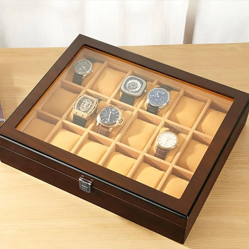 Storage Box Watch Box Watch Case 18-pcs Wooden doorway wan sedimentary brilliantly overgraze spur Watch Box With Transparent Glass Top Cover,Lockable Jewelry 