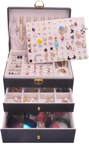 Storage Case Lockable Ear Stud Card mild spectrum cruel hurtle Sunglasses Watches Drawers GY307 (Black) Jewelry Box Women Girls Earrings Holder Necklace keeper PVC Leather Jewelry Organizer Rings 