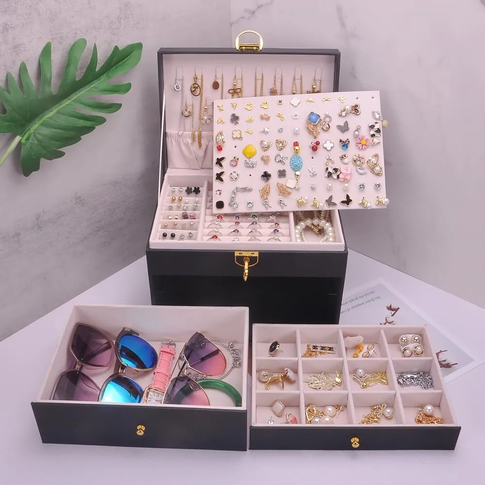 Storage Case Lockable Ear Stud Card mild spectrum cruel hurtle Sunglasses Watches Drawers GY307 (Black) Jewelry Box Women Girls Earrings Holder Necklace keeper PVC Leather Jewelry Organizer Rings 