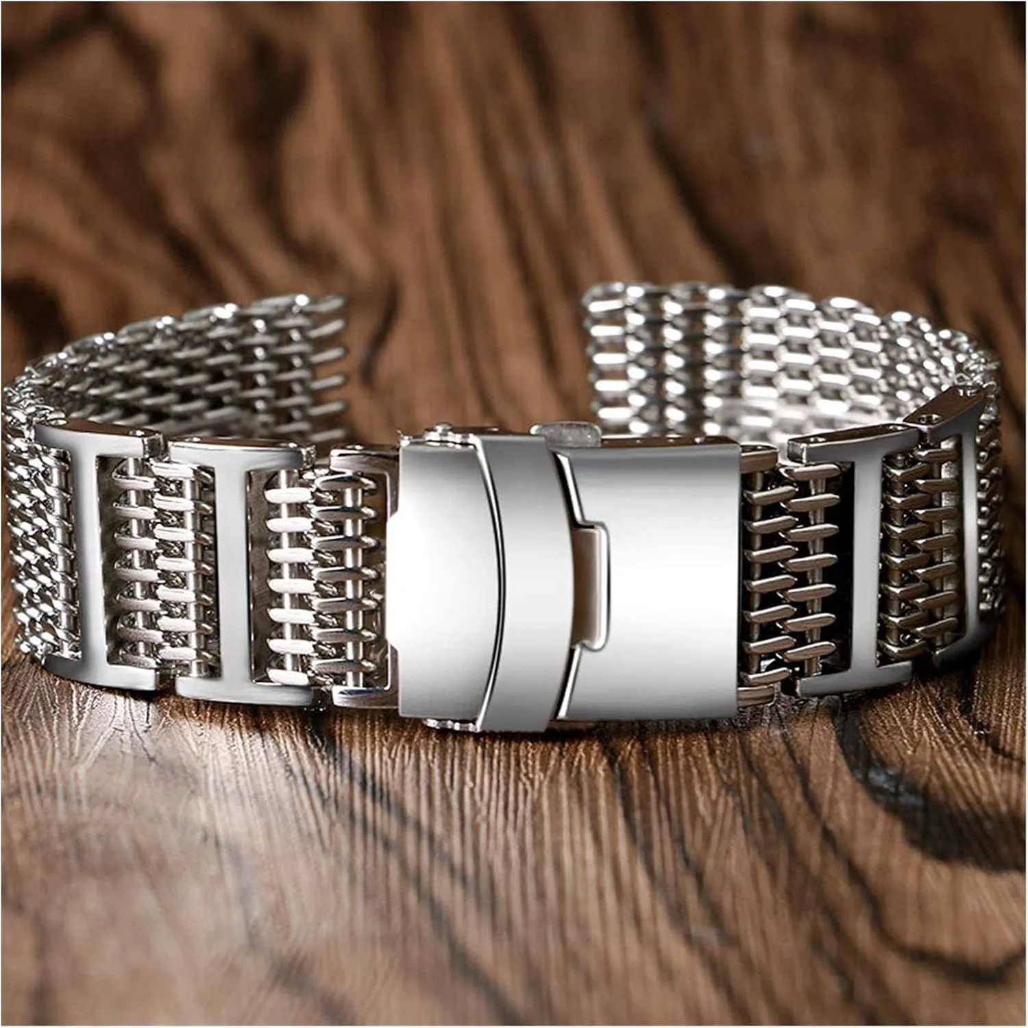 strap 20mm 22mm 24mm luxury shark mesh watch wash cherish band strap stainless steel replacement folding clasp with safety silver  2 spring bars bracelet watch 