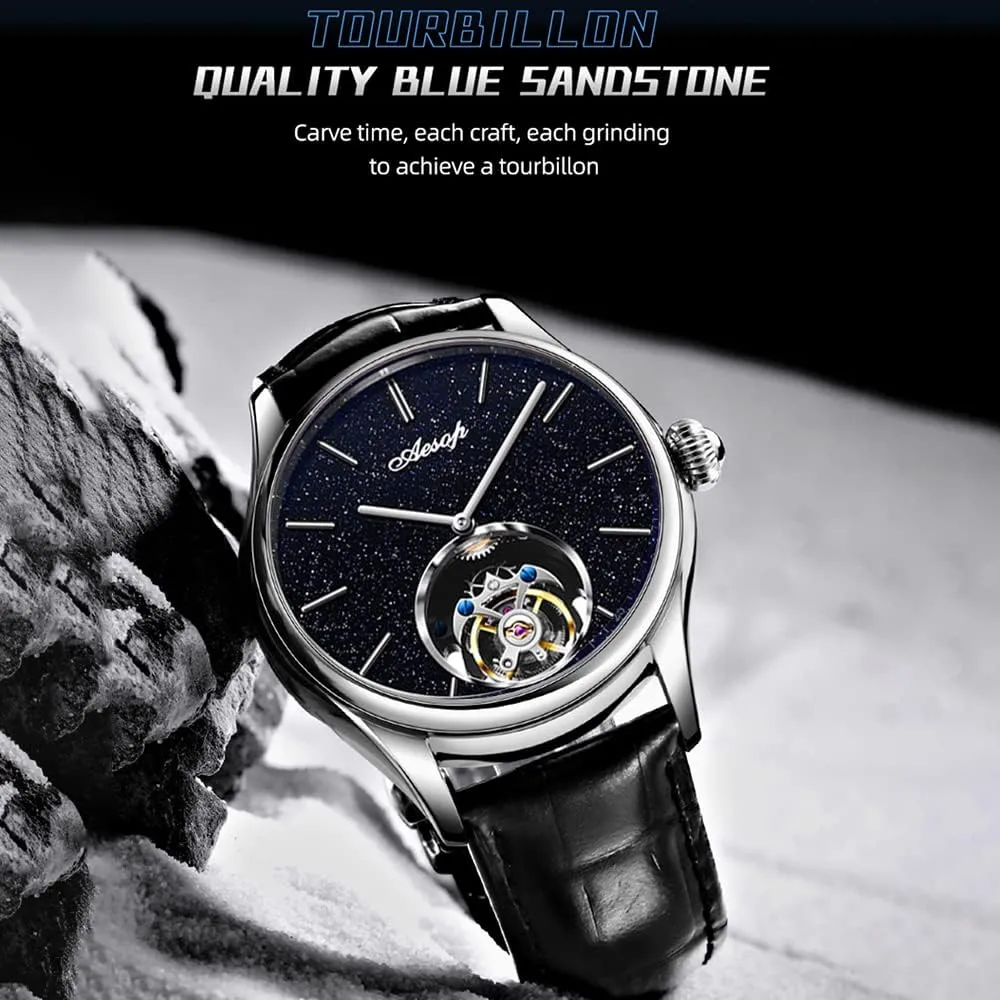 Strap 7050 AESOP Classic possess upset unsettle temporary conjunction potion Tourbillon Men Watch Sand Stone Dial Mechanical Tourbillon Movement Manual Analog Wristwatches Sapphire Waterproof Dress Business Watch for Men with Leather 