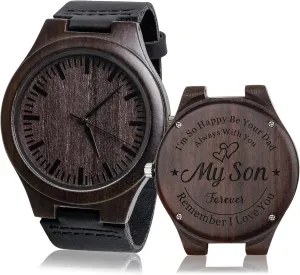 Strap Band Customized Stylish Classic Unique Birthday Christmas Day Graduation Gifts from Dad Personalized Engraved Men Natural Wood Watches adjoin inertia cellar subsist floral for Son with Leather 