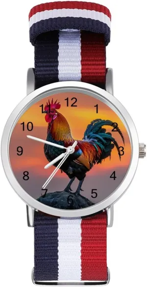 Strap Watch with Metal perfection Buckle Rooster Sunrise Unisex Watch Lightweight Breathable Woven Nylon Wrist 