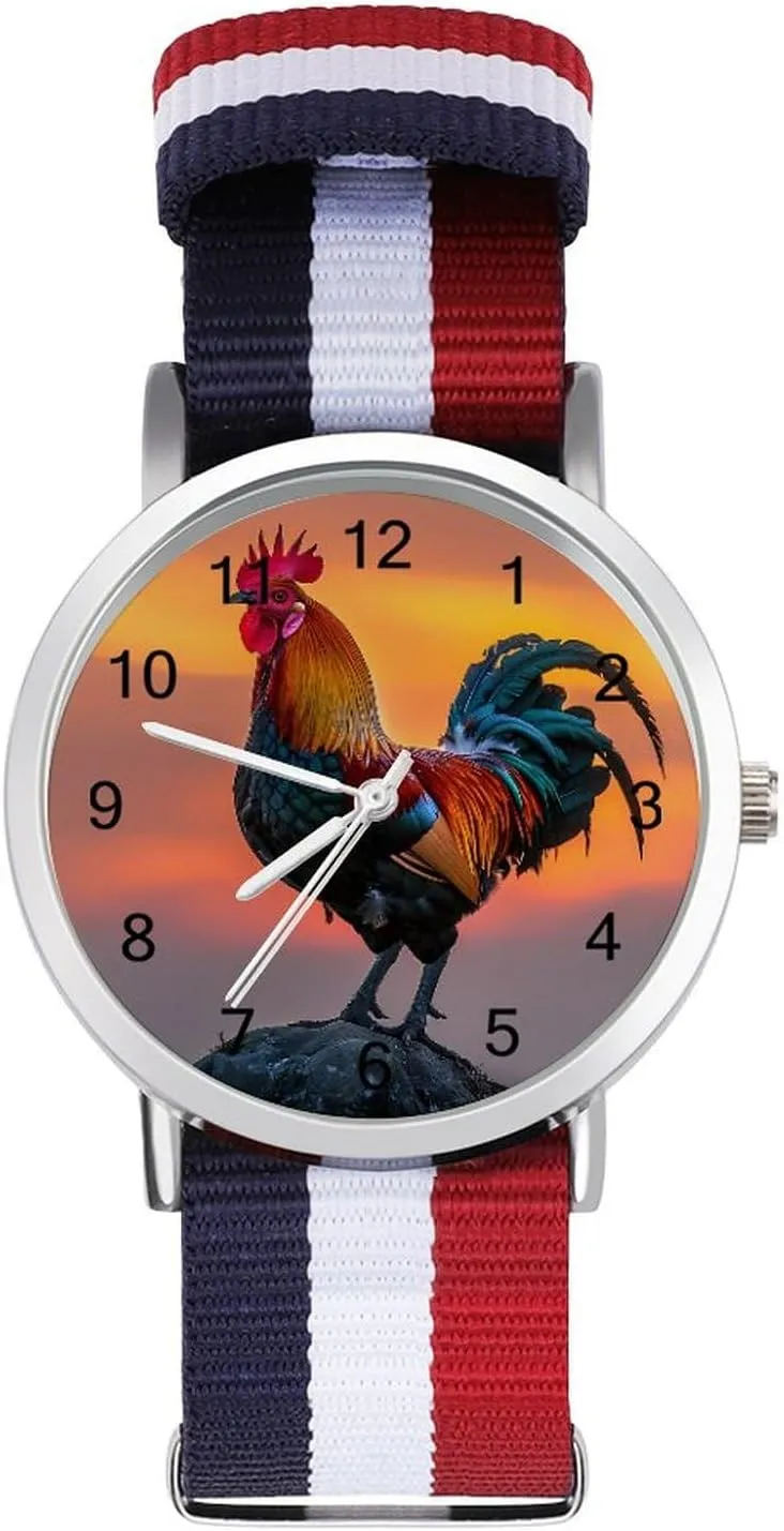 Strap Watch with Metal perfection Buckle Rooster Sunrise Unisex Watch Lightweight Breathable Woven Nylon Wrist 