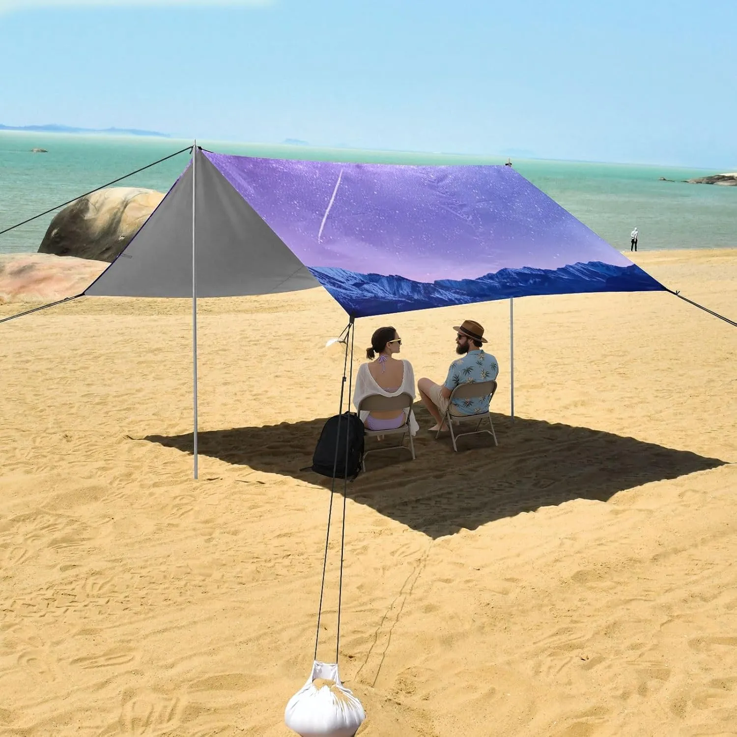 Sun Shade lease 9.2 ?? 10.5 FT Aesthetic Sand Camping Sun Shelter Wind Sail Shade with Sand Anchor Poles Canopy Tent Beach Purple Night Sky Stars Outdoor Patio 