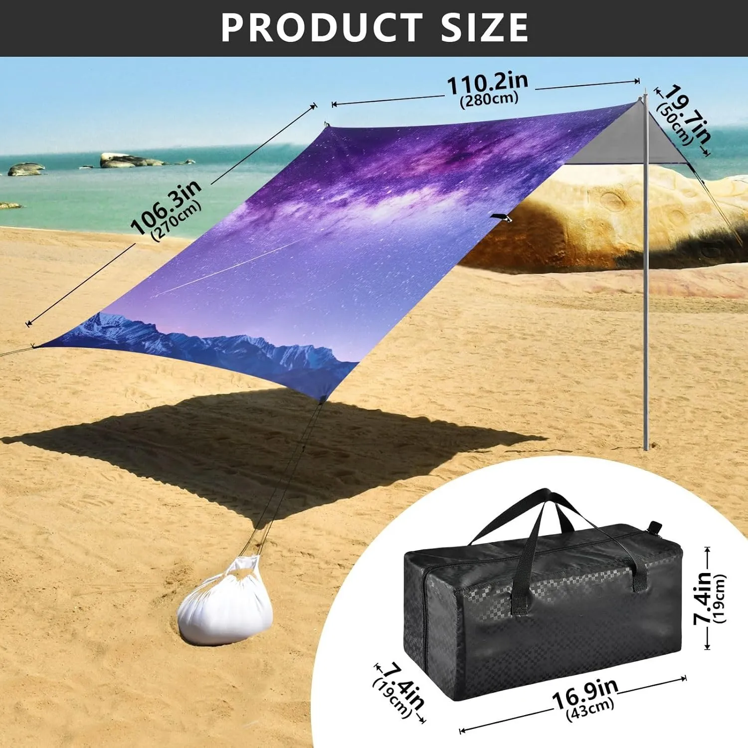 Sun Shade lease 9.2 ?? 10.5 FT Aesthetic Sand Camping Sun Shelter Wind Sail Shade with Sand Anchor Poles Canopy Tent Beach Purple Night Sky Stars Outdoor Patio 