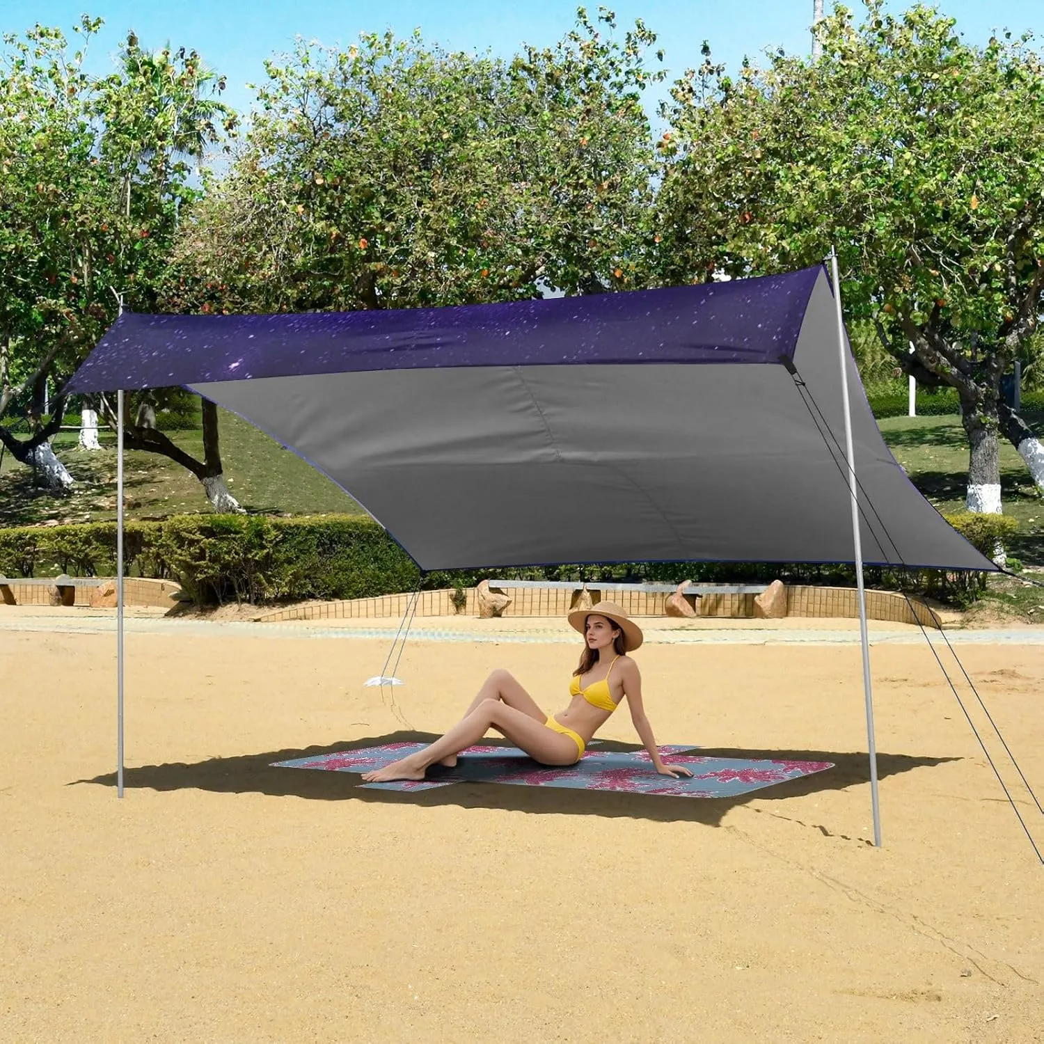 Sun Shade lease 9.2 ?? 10.5 FT Aesthetic Sand Camping Sun Shelter Wind Sail Shade with Sand Anchor Poles Canopy Tent Beach Purple Night Sky Stars Outdoor Patio 
