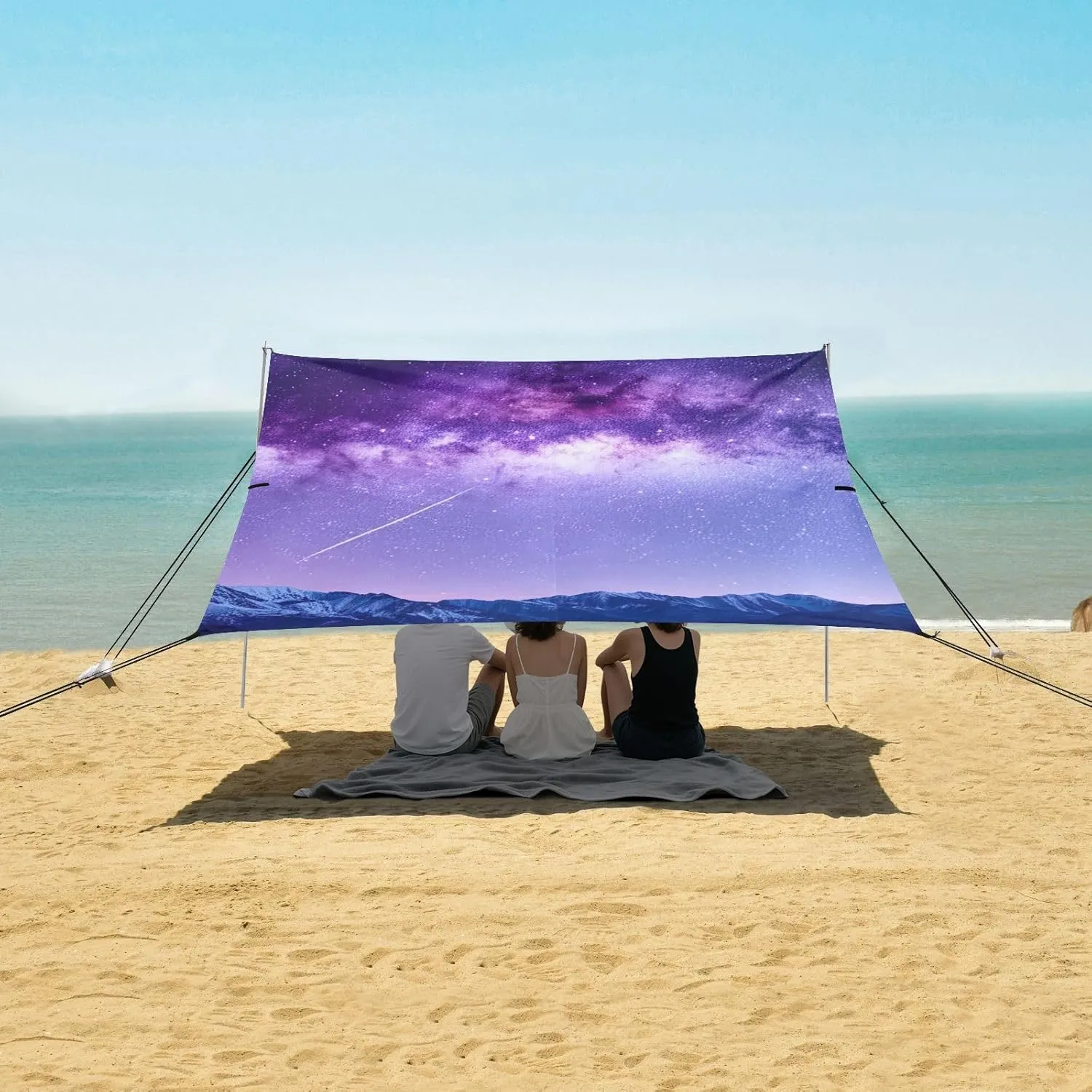 Sun Shade lease 9.2 ?? 10.5 FT Aesthetic Sand Camping Sun Shelter Wind Sail Shade with Sand Anchor Poles Canopy Tent Beach Purple Night Sky Stars Outdoor Patio 