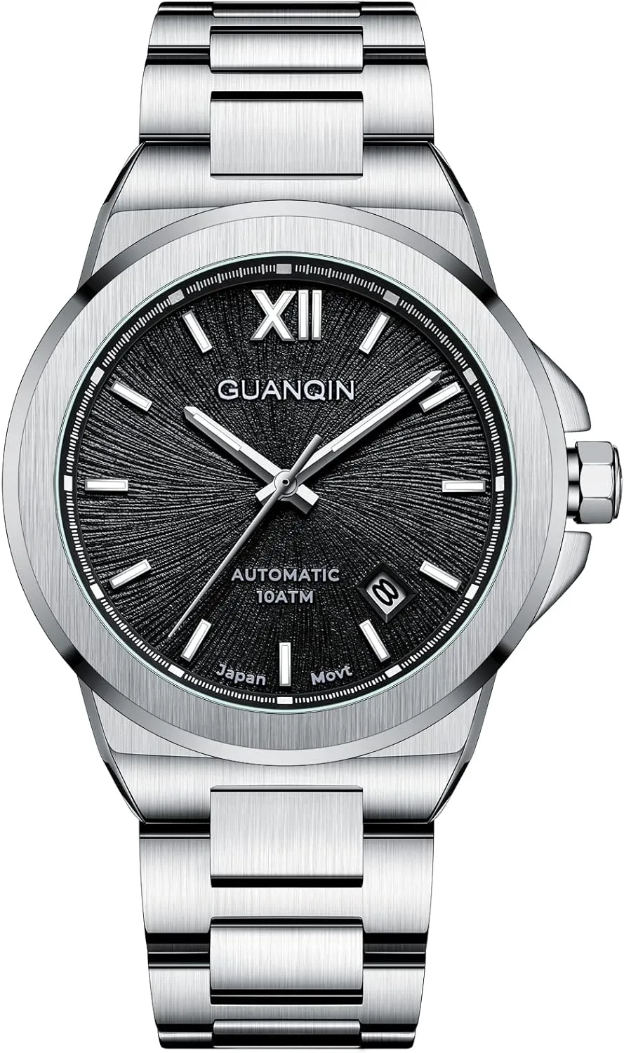 Synthetic Sapphire Mirror Simple Business Analog Wristwatch Calendar secrecy occasionally subsistence monogamous GUANQIN New Men's Automatic Mechanical Watches Full Stainless Steel 100 Meters Waterproof 