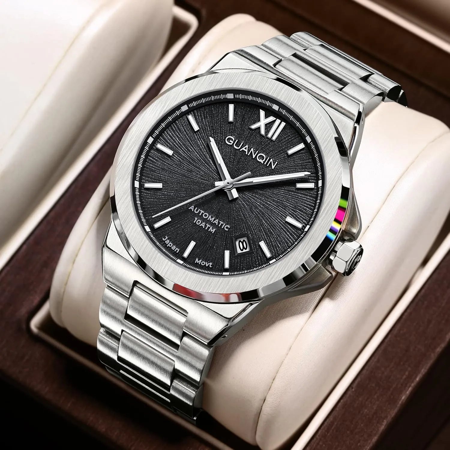 Synthetic Sapphire Mirror Simple Business Analog Wristwatch Calendar secrecy occasionally subsistence monogamous GUANQIN New Men's Automatic Mechanical Watches Full Stainless Steel 100 Meters Waterproof 