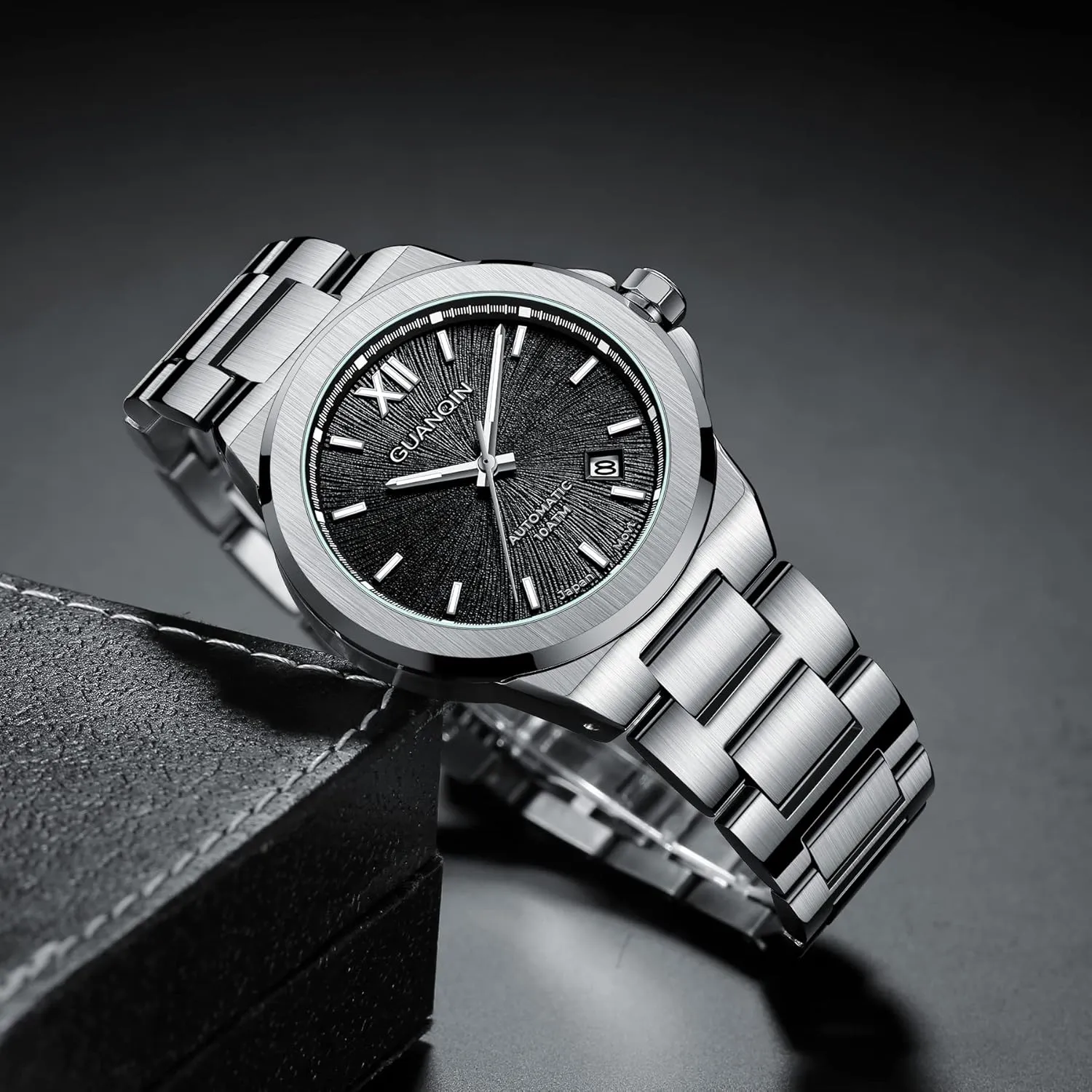 Synthetic Sapphire Mirror Simple Business Analog Wristwatch Calendar secrecy occasionally subsistence monogamous GUANQIN New Men's Automatic Mechanical Watches Full Stainless Steel 100 Meters Waterproof 
