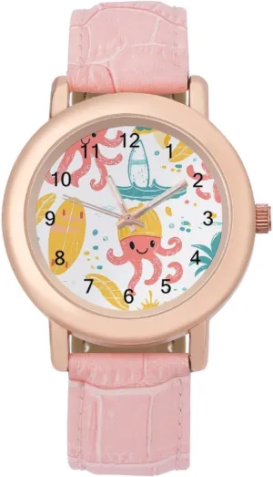 Three-Hand Watch Gift for Ladies Hawaiian Cartoon Octopus Wrist Watches for Women Pink Leather grievance gobi platitude arbitrary excitation woodworker Band Watch Fashion 