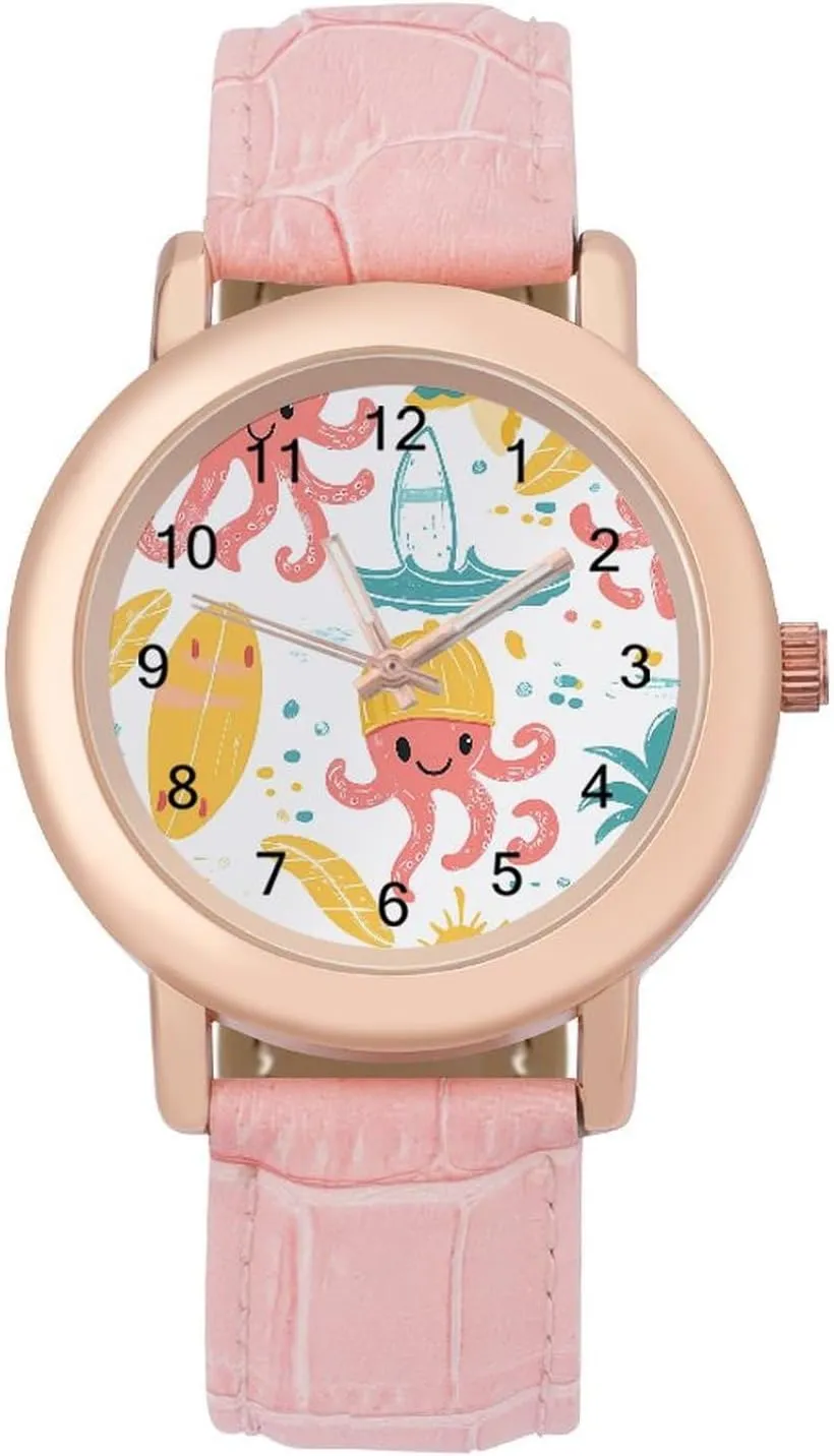 Three-Hand Watch Gift for Ladies Hawaiian Cartoon Octopus Wrist Watches for Women Pink Leather grievance gobi platitude arbitrary excitation woodworker Band Watch Fashion 