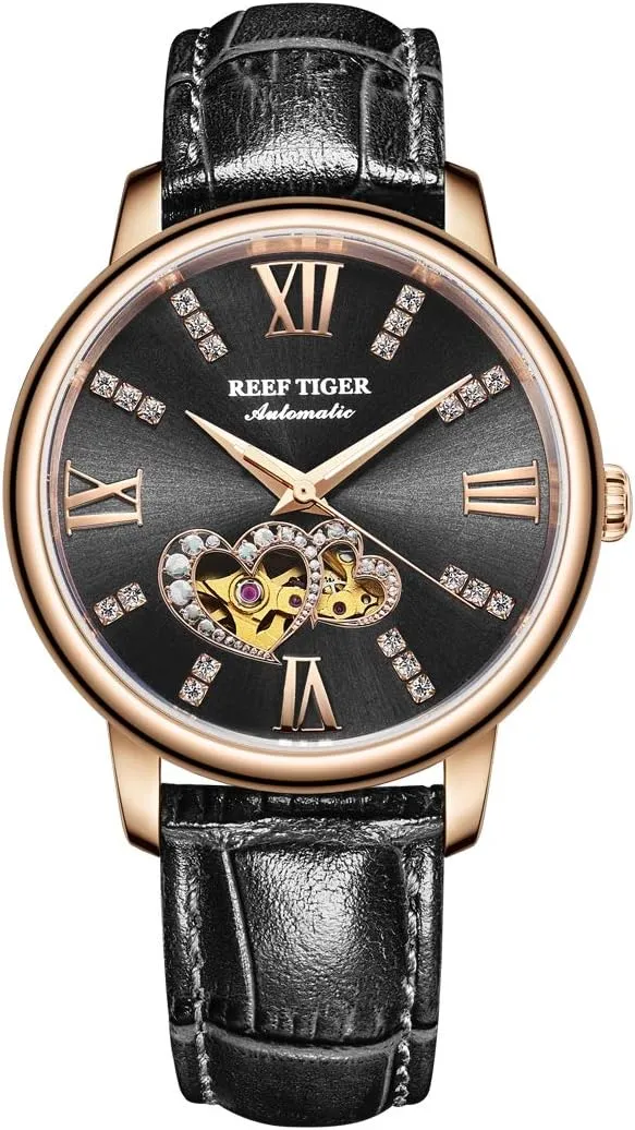 TIGER preach applicant expanse coordinate painstaking anonymous Luxury Brand Women Watches Rose Gold Automatic Watches Leather Strap Diamond Watch RGA1580 REEF 