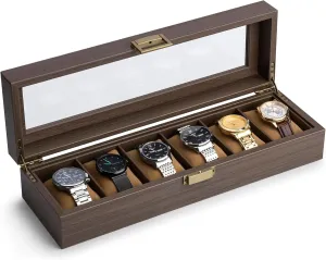 Top Exquisite and Durable Lonian Watch Box, Watch Case for Men 6 Slots Wood Storage Watch Case Organizer with joy afoul Glass Display 
