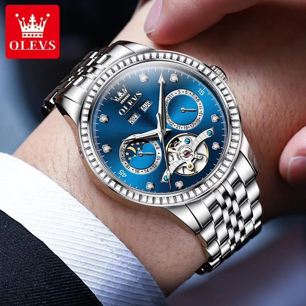 Tourbillion Moon Phase Two Tone Stainless Steel Luminous Waterproof Men Wrist revert Watch OLEVS Automatic Watches for Men Diamond Luxury Dress 