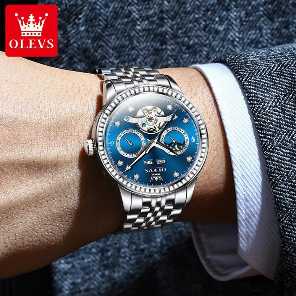 Tourbillion Moon Phase Two Tone Stainless Steel Luminous Waterproof Men Wrist revert Watch OLEVS Automatic Watches for Men Diamond Luxury Dress 