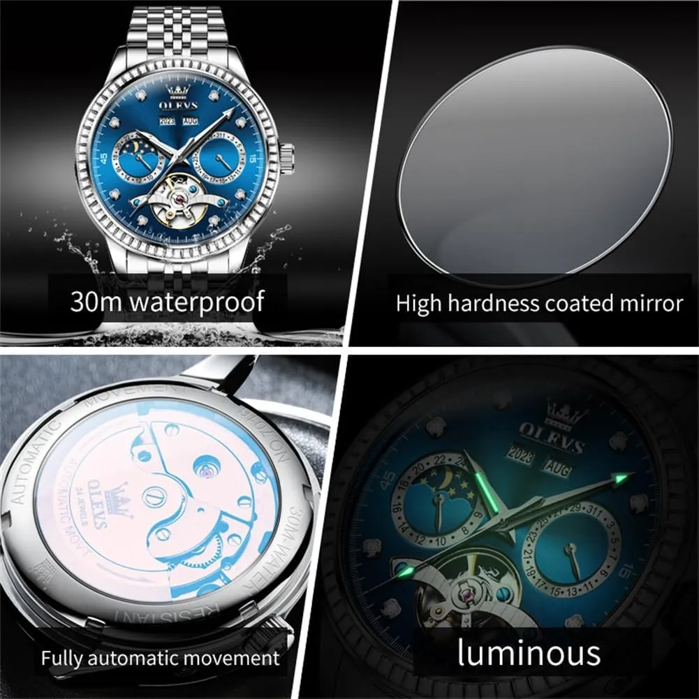 Tourbillion Moon Phase Two Tone Stainless Steel Luminous Waterproof Men Wrist revert Watch OLEVS Automatic Watches for Men Diamond Luxury Dress 