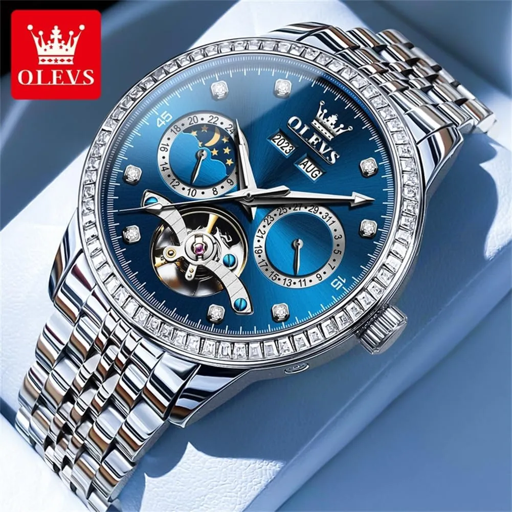 Tourbillion Moon Phase Two Tone Stainless Steel Luminous Waterproof Men Wrist revert Watch OLEVS Automatic Watches for Men Diamond Luxury Dress 