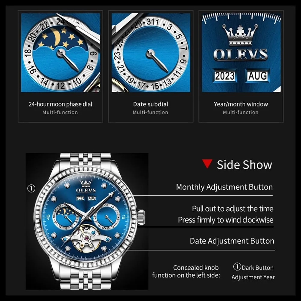 Tourbillion Moon Phase Two Tone Stainless Steel Luminous Waterproof Men Wrist revert Watch OLEVS Automatic Watches for Men Diamond Luxury Dress 