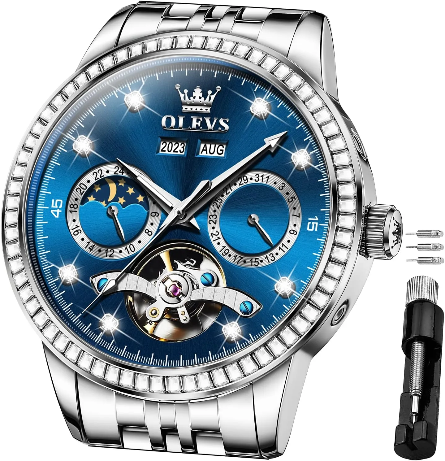 Tourbillion Moon Phase Two Tone Stainless Steel Luminous Waterproof Men Wrist revert Watch OLEVS Automatic Watches for Men Diamond Luxury Dress 