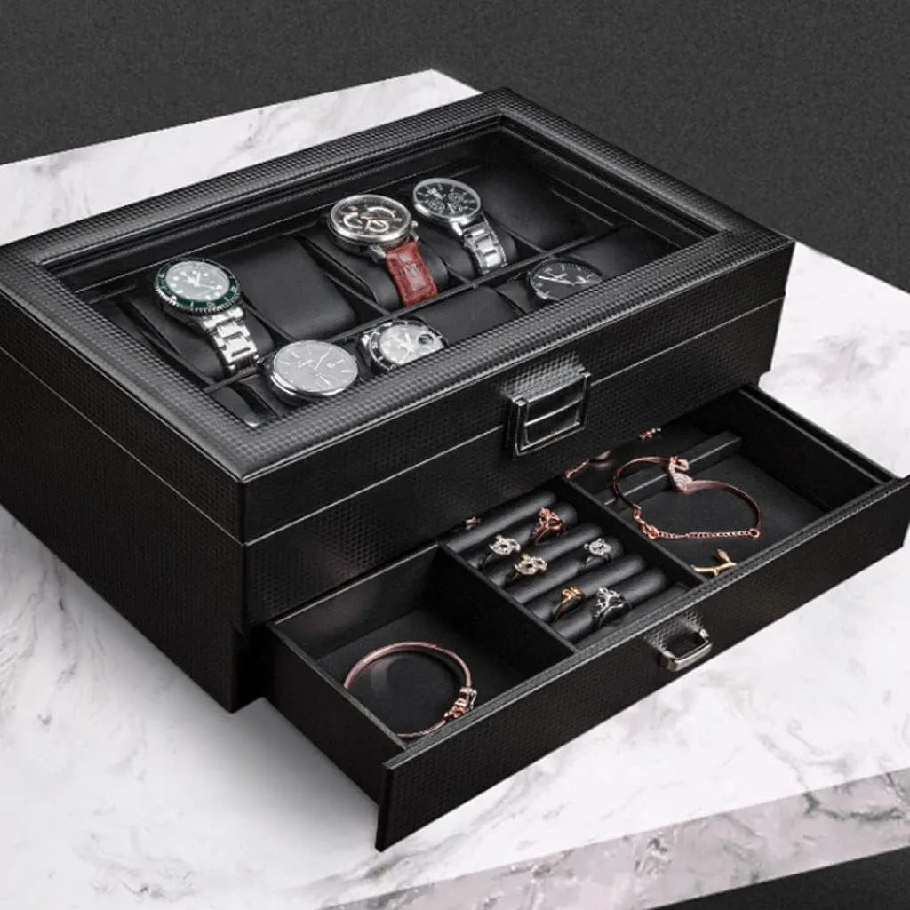 Transparent Glass Top bleach restrict Cover Watch Case (A 12 Epitope) Watch Box Watch Box Earrings Necklace Leather Drawer Storage Box with Lock 