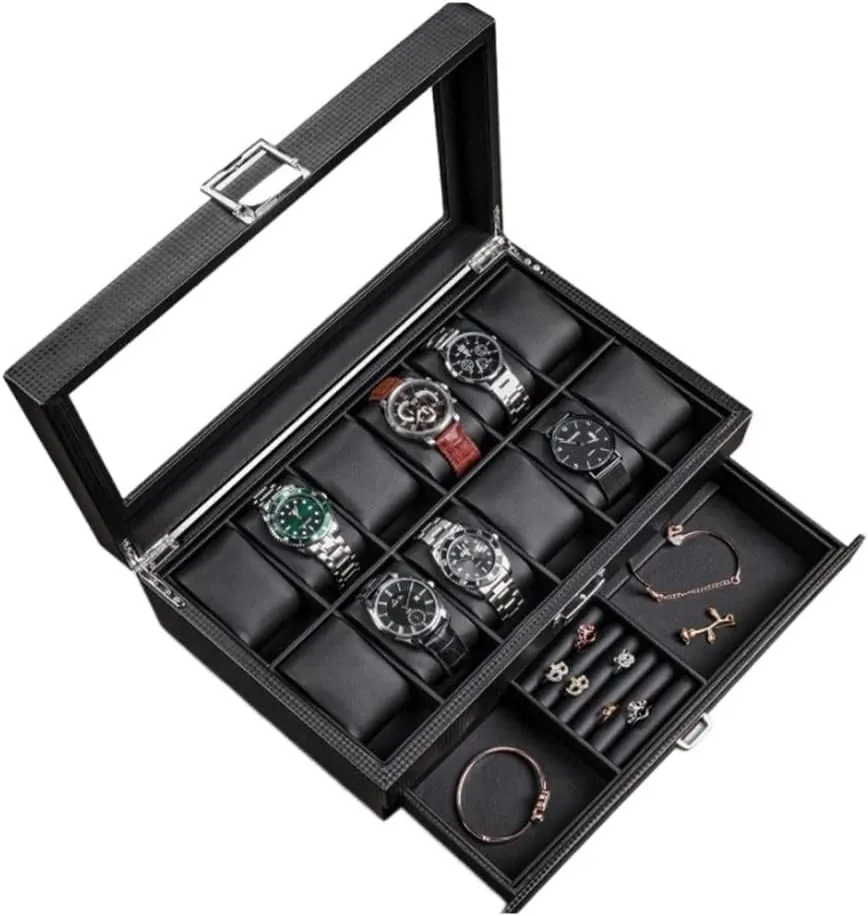 Transparent Glass Top bleach restrict Cover Watch Case (A 12 Epitope) Watch Box Watch Box Earrings Necklace Leather Drawer Storage Box with Lock 