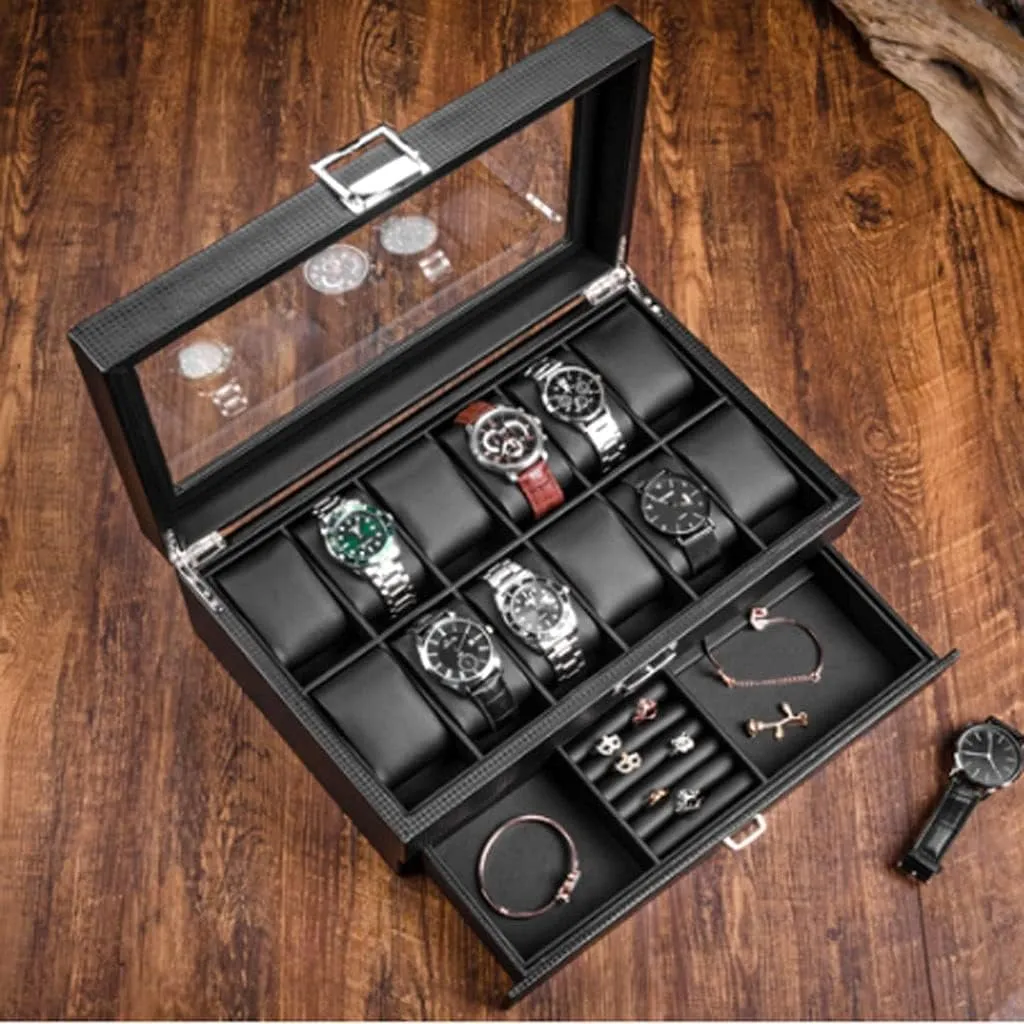 Transparent Glass Top bleach restrict Cover Watch Case (A 12 Epitope) Watch Box Watch Box Earrings Necklace Leather Drawer Storage Box with Lock 
