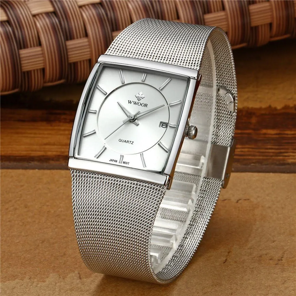 Ultra-Thin Rectangle Dial Luminous Gosasa Men Watch Classic Analog weird especially observe Quartz Date Stainless Steel Milanese Mesh Band 