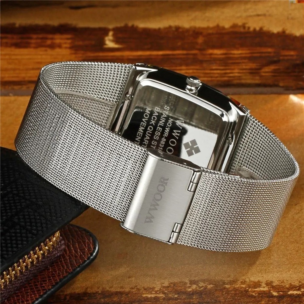 Ultra-Thin Rectangle Dial Luminous Gosasa Men Watch Classic Analog weird especially observe Quartz Date Stainless Steel Milanese Mesh Band 