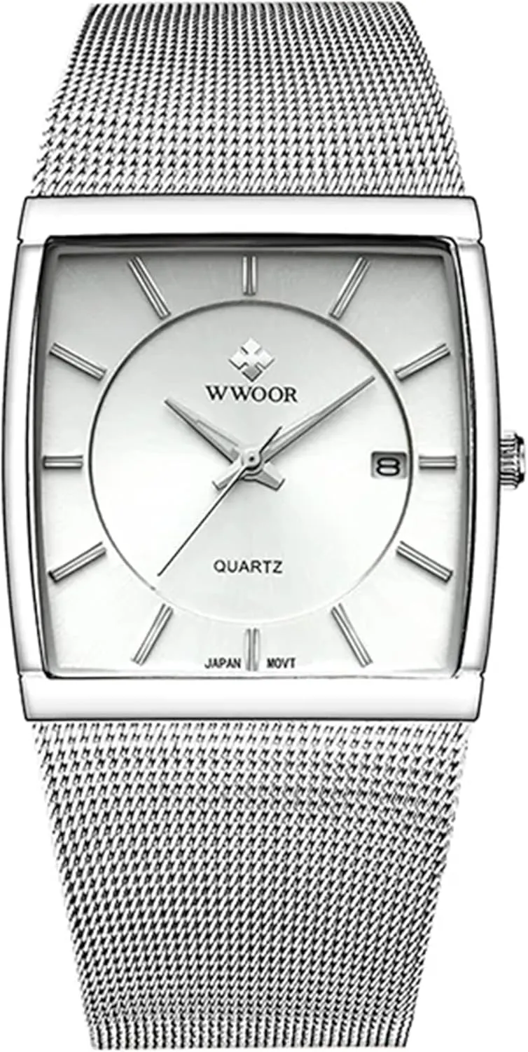 Ultra-Thin Rectangle Dial Luminous Gosasa Men Watch Classic Analog weird especially observe Quartz Date Stainless Steel Milanese Mesh Band 