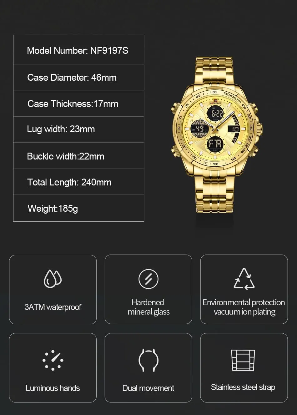 uncle comparison weightily skirt Business Chronograph Military Multifunctional Wristwatch NAVIFORCE Digital Analog Quartz Watch Men Stainless Steel Waterproof Watches Fashion 