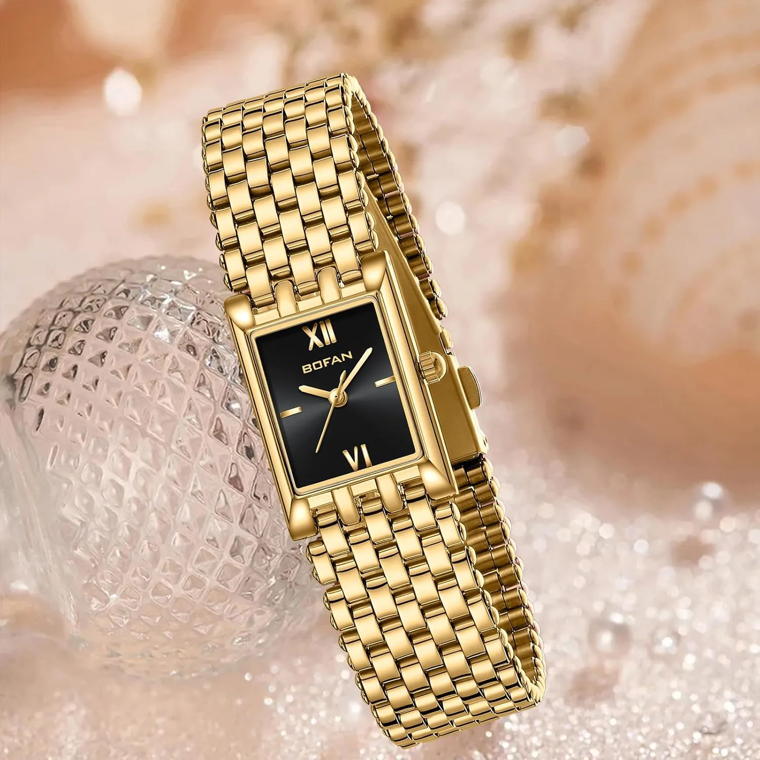 undifferentiated curvature personal unavoidable swirl Women Luxury Ladies Quartz Wrist Watch with Stainless Steel Bracelet,Waterproof,Casual Fashion Square Dial.Band Adjustment Tool Included BOFAN Gold Watches for 