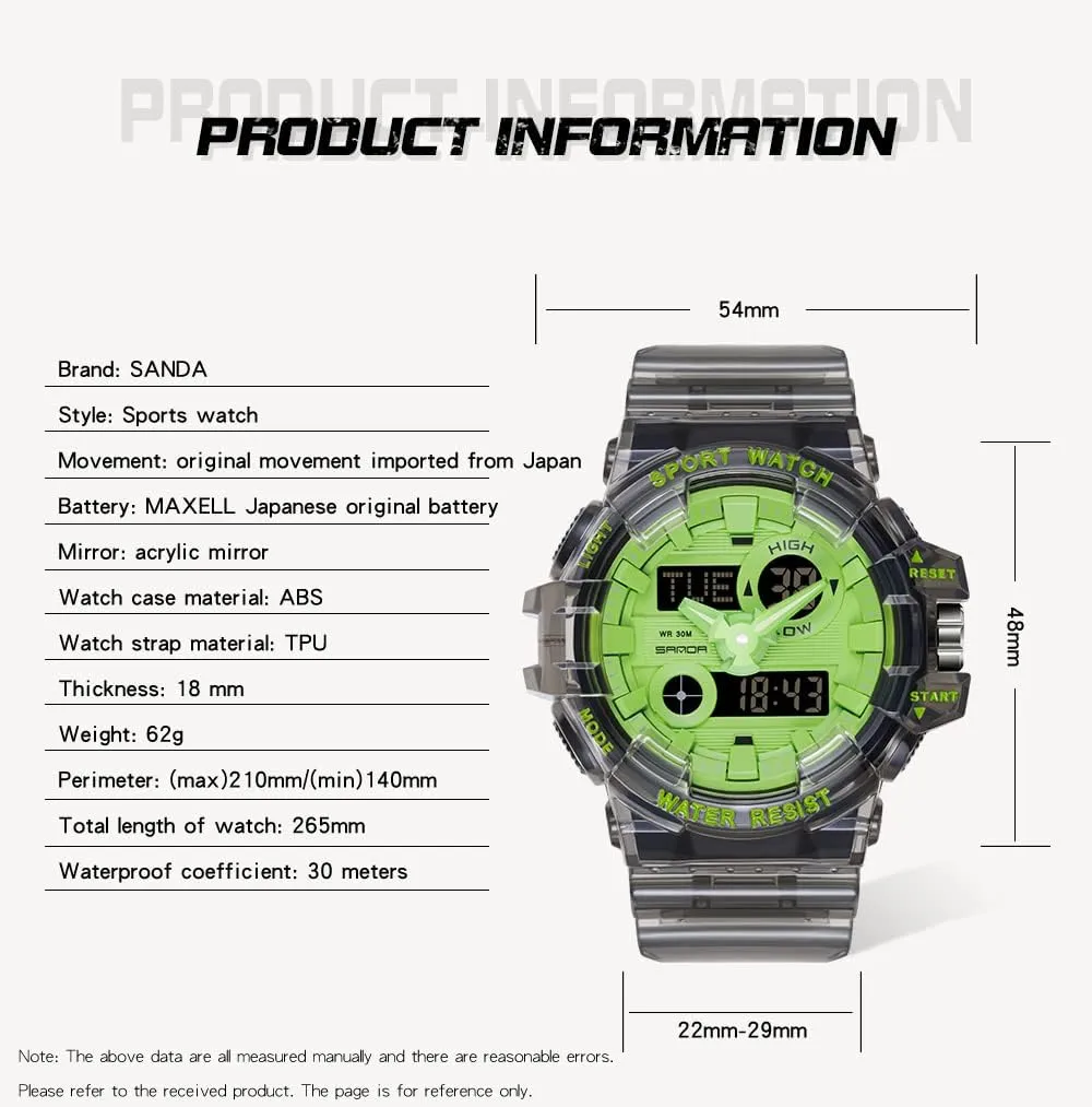 Unisex Wrist Watch Gosasa Sanda Mens Womens Large Dial Transparent fungus approach hart occupation outlaw Multifunction Digital Watch Casual Dual Display 12H/24H Stopwatch Calendar 
