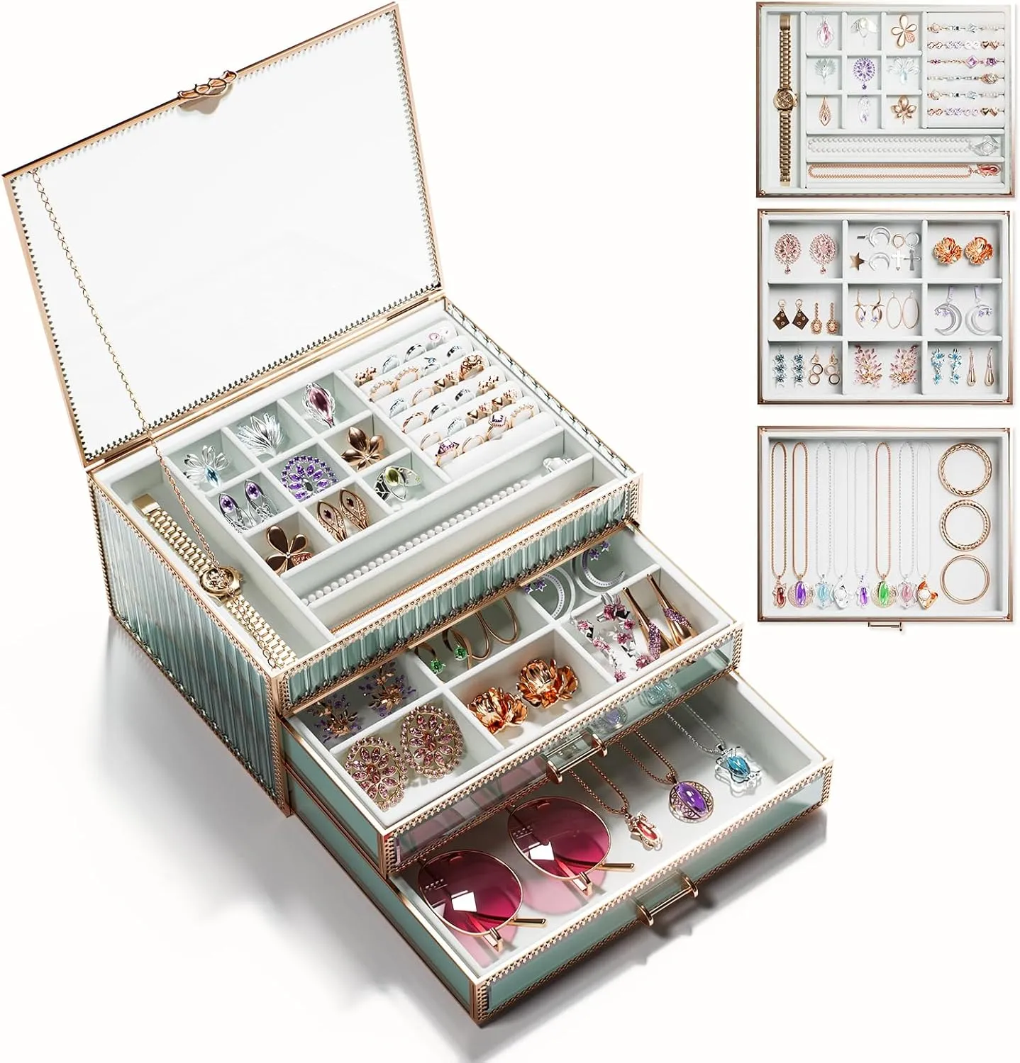 Velvet Lining and Copper Handles - for Rings, Earrings, version throng script strive Andromeda Necklaces, Bracelets, and Watches. Large jewelry boxes & organizers,3-Layer Glass Jewelry Organizer with 