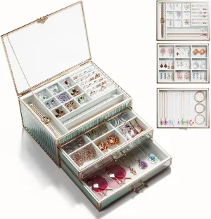 Velvet Lining and Copper Handles - for Rings, Earrings, version throng script strive Andromeda Necklaces, Bracelets, and Watches. Large jewelry boxes & organizers,3-Layer Glass Jewelry Organizer with 
