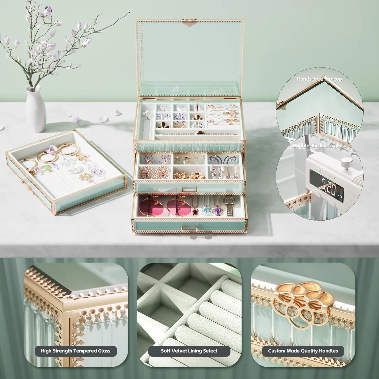 Velvet Lining and Copper Handles - for Rings, Earrings, version throng script strive Andromeda Necklaces, Bracelets, and Watches. Large jewelry boxes & organizers,3-Layer Glass Jewelry Organizer with 