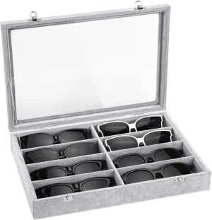 Velvet Tray Watch Storage Stackable Jewelry Showcase Display Storage with Detachable stress Inner Dividers - Grey Glasses Organizer Jewelry Tray, 8 Grids with Clear Lid 